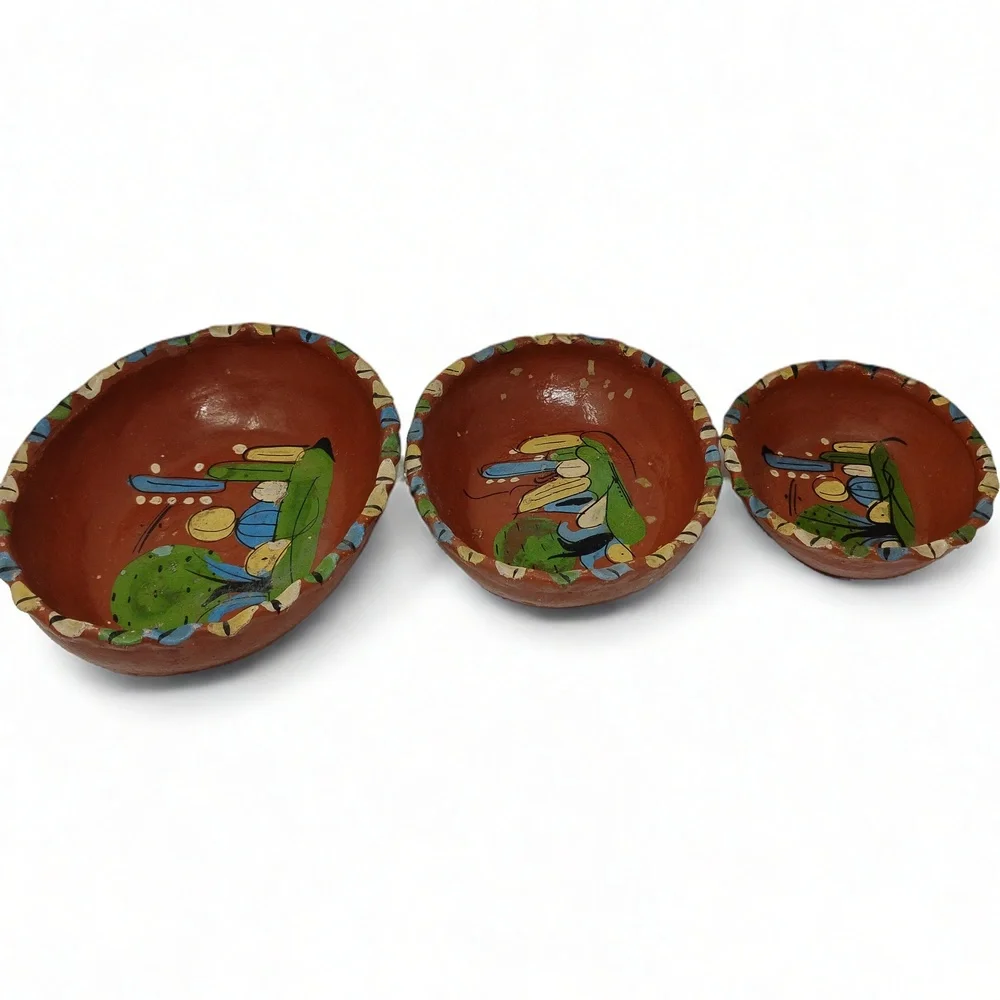 Mexican Redware Nesting Bowls Set 3 Hand Painted Folk Art Terracotta Scalloped